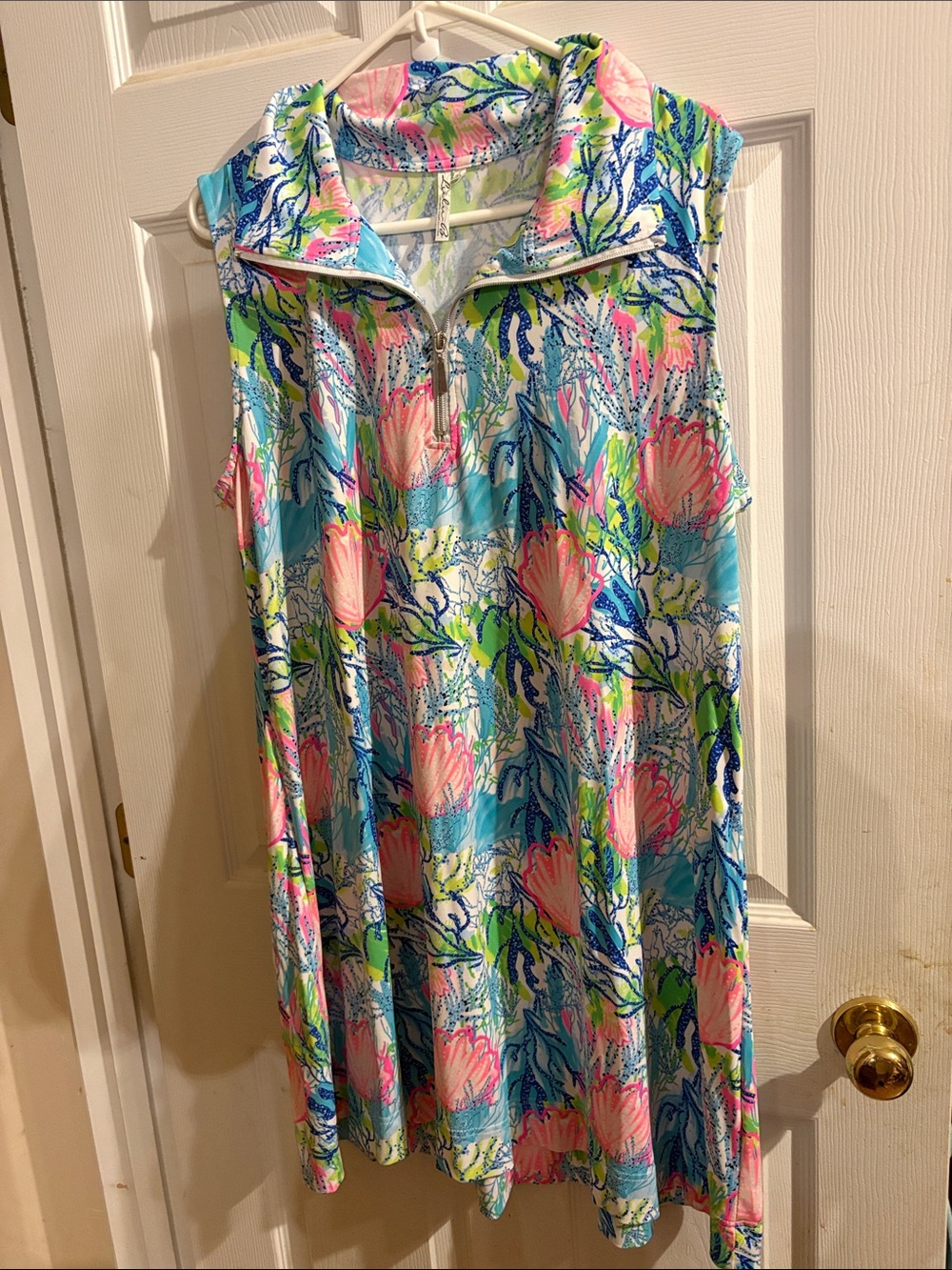 Lulu-B women’s Sleeveless Zip-Front Dress in Blue, Pink & Green 1X